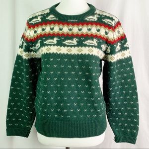 Vintage Hunter Green Duck Fair Isle Wool Angora Sweater Med
